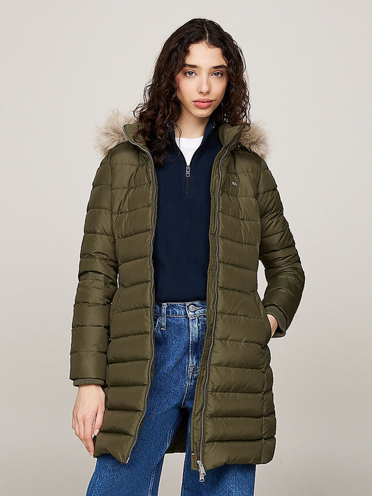 Tommy Jeans Faux Fur Trim Hooded Down Coat - Olive