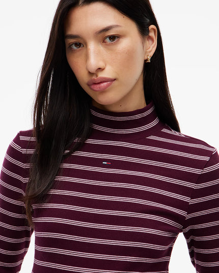Mock Neck Long Sleeve Top- Calypso Berry/Pink Stripe