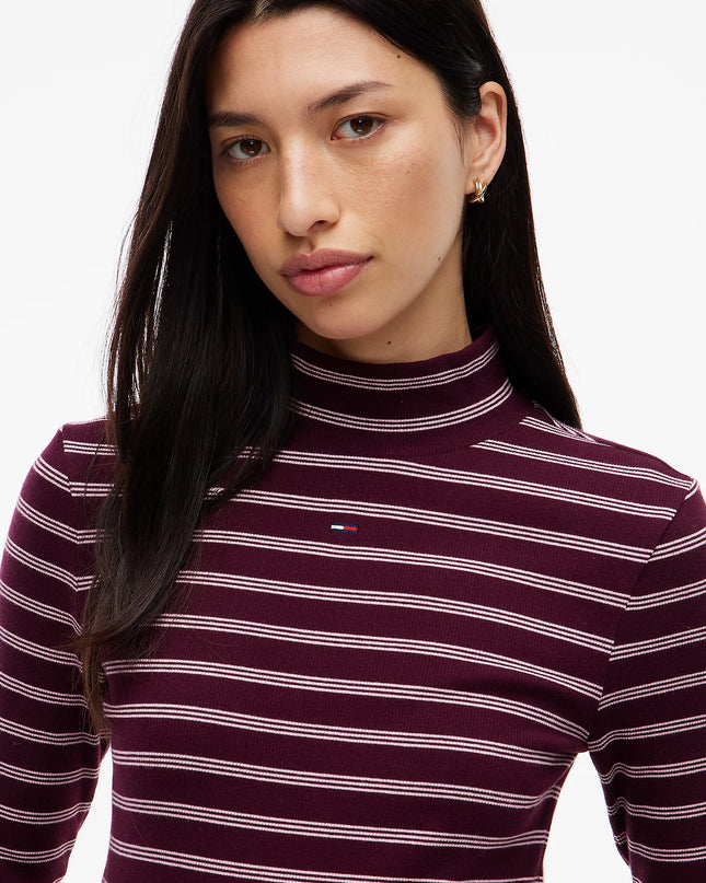 Mock Neck Long Sleeve Top- Calypso Berry/Pink Stripe