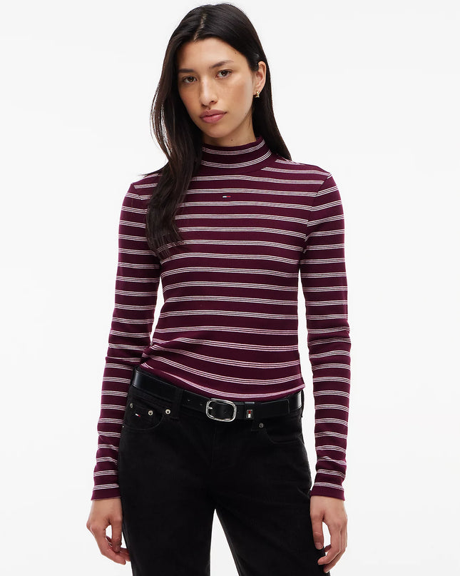 Mock Neck Long Sleeve Top- Calypso Berry/Pink Stripe