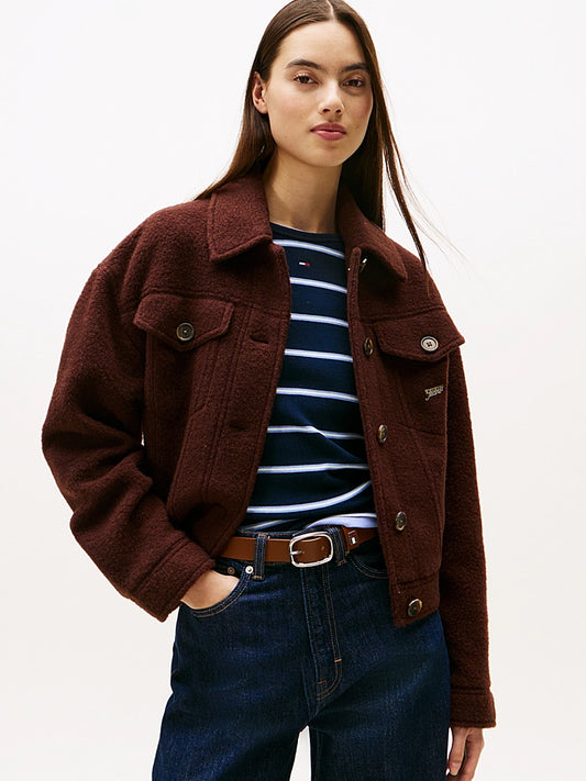 Wool Blend Logo Trucker Jacket - Rich Brown