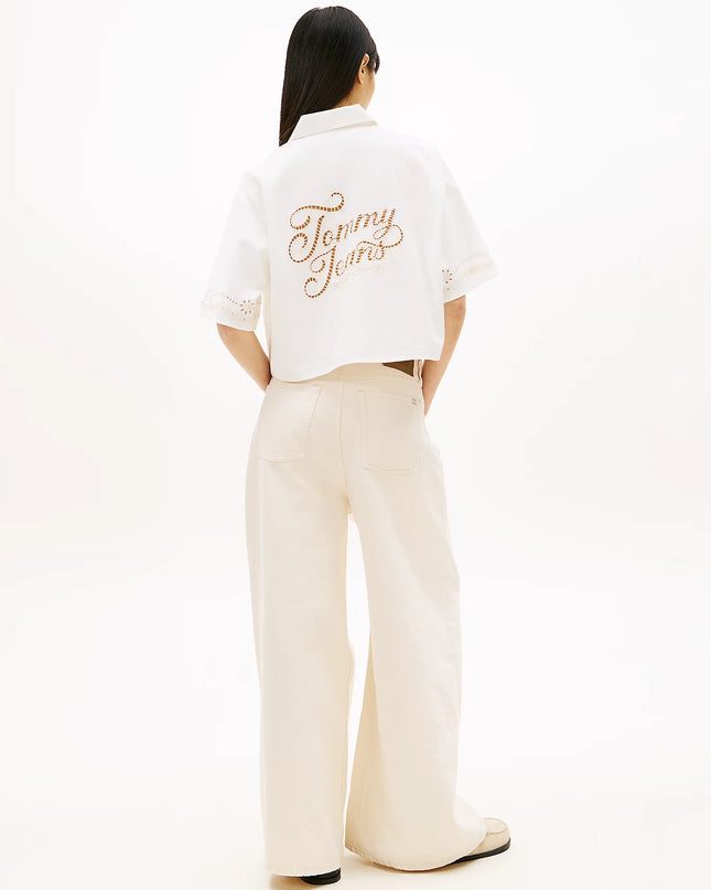 Relaxed Fit Broderie Anglaise Back Logo Shirt - Ancient White