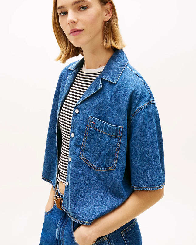 Relaxed Fit Chambray Cropped Shirt - Medium Denim