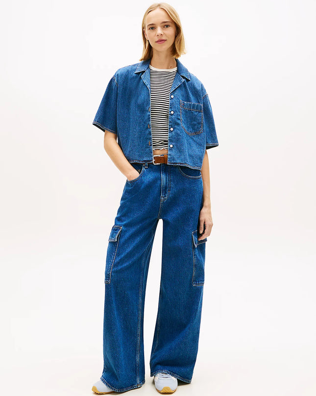 Relaxed Fit Chambray Cropped Shirt - Medium Denim