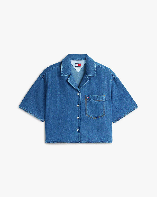 Relaxed Fit Chambray Cropped Shirt - Medium Denim