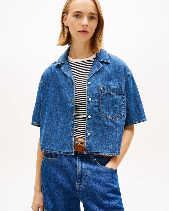 Relaxed Fit Chambray Cropped Shirt - Medium Denim