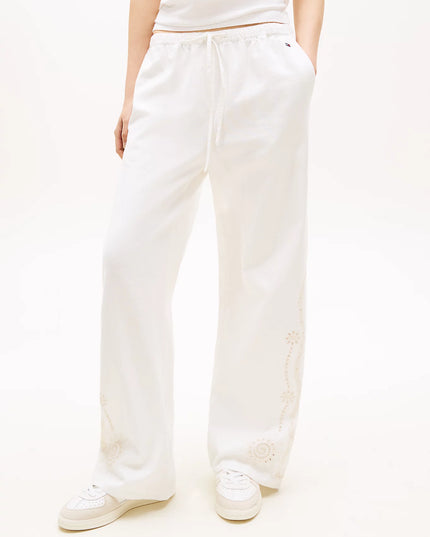 Broderie Anglaise Drawstring Trousers With Linen - Ancient White