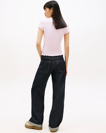 Ruffle Trim Ribbed T-Shirt - Pearly Pink