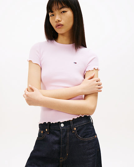 Ruffle Trim Ribbed T-Shirt - Pearly Pink