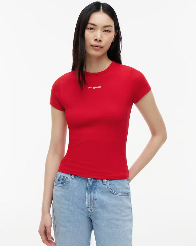 TJW SLIM SCRIPT RIB SS TEE - Amaryllis Red