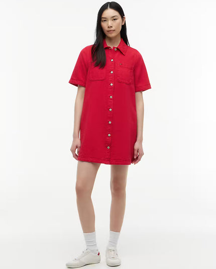 Textured Twill A-Line Mini Shirt Dress - Amaryllis Red