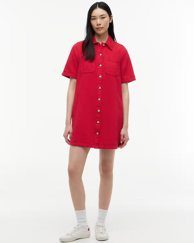 Textured Twill A-Line Mini Shirt Dress - Amaryllis Red