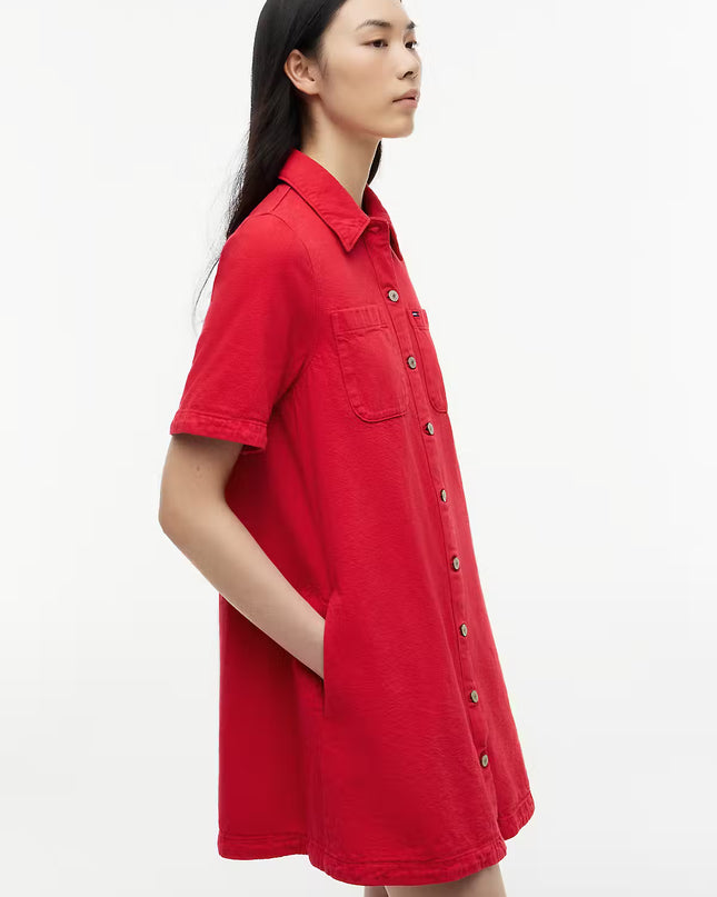 Textured Twill A-Line Mini Shirt Dress - Amaryllis Red