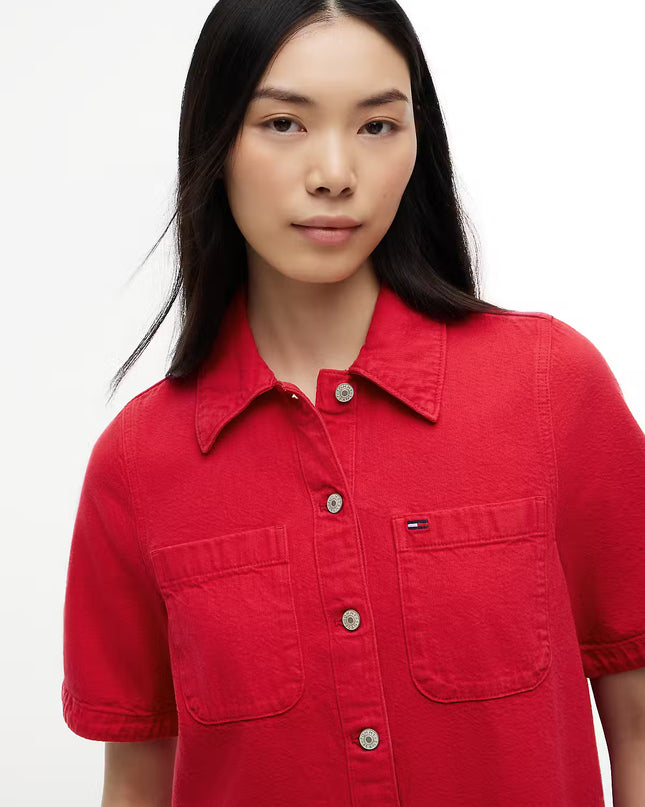 Textured Twill A-Line Mini Shirt Dress - Amaryllis Red