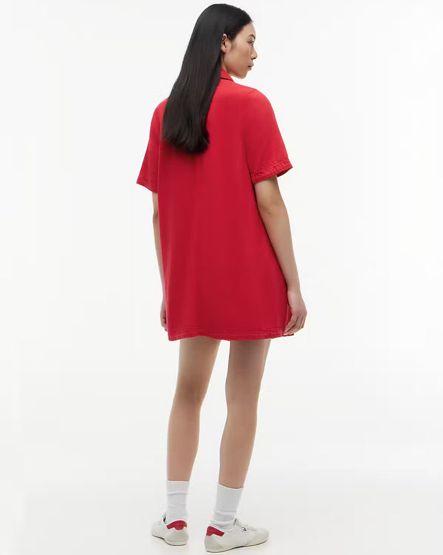 Textured Twill A-Line Mini Shirt Dress - Amaryllis Red