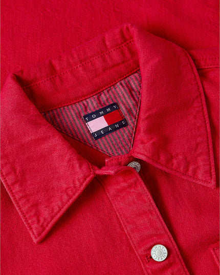 Textured Twill A-Line Mini Shirt Dress - Amaryllis Red