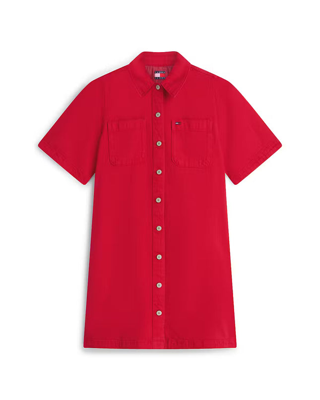 Textured Twill A-Line Mini Shirt Dress - Amaryllis Red