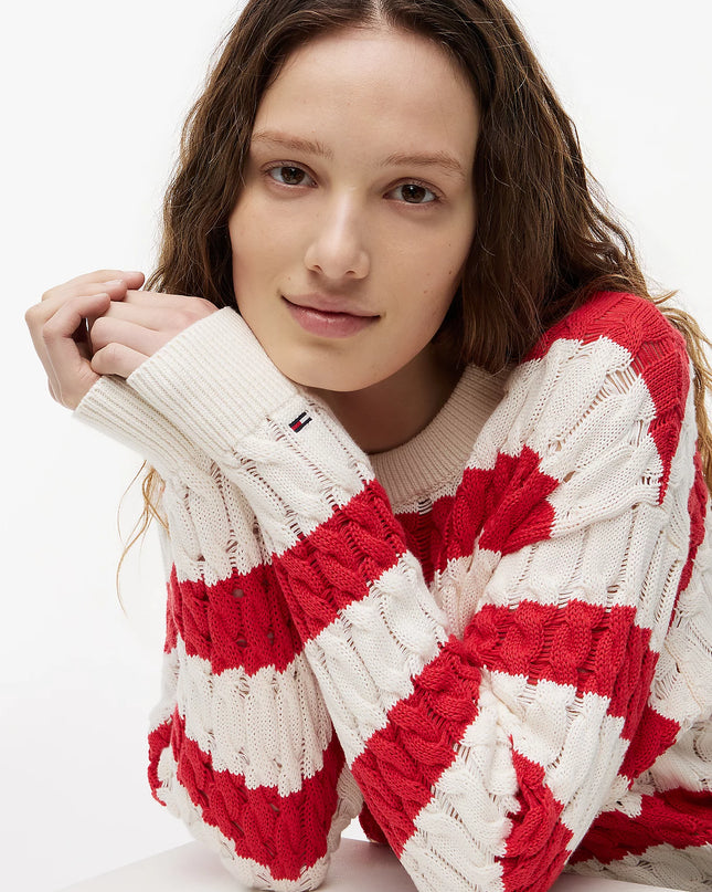 Loose Cable Knit Jumper - Amaryllis Red / Stripe