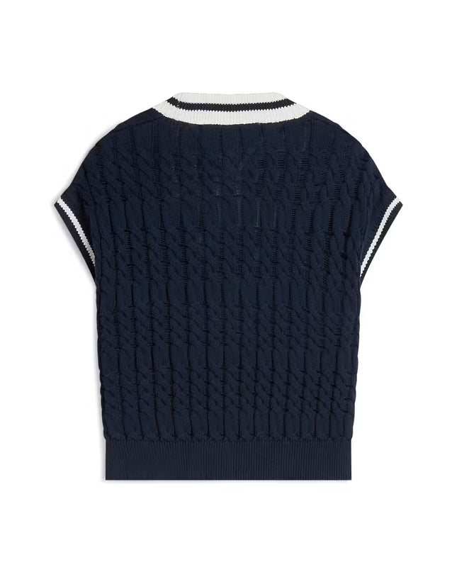 Cable Knit V-Neck Oversized Sweater Vest - Dark Night Navy