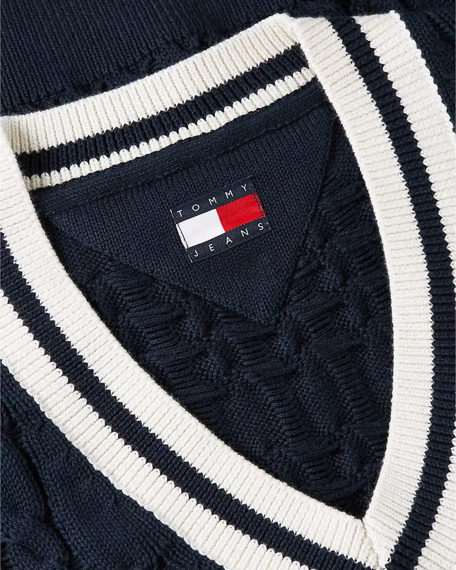 Cable Knit V-Neck Oversized Sweater Vest - Dark Night Navy