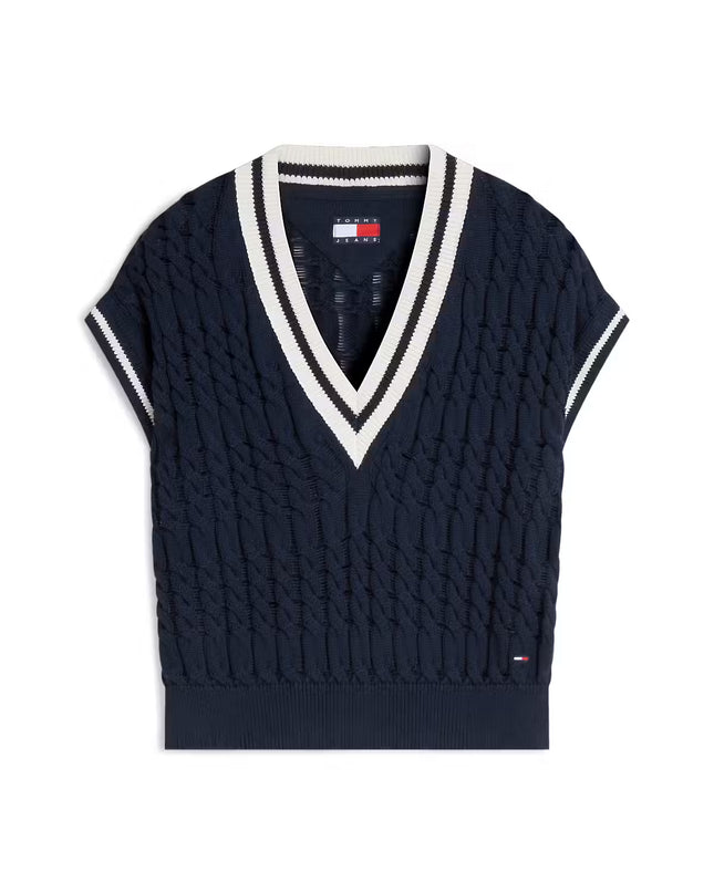 Cable Knit V-Neck Oversized Sweater Vest - Dark Night Navy