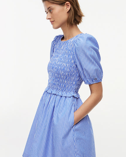 Back Tie Smock Slim Poplin Mini Dress - Blue/Stipe