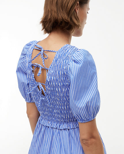 Back Tie Smock Slim Poplin Mini Dress - Blue/Stipe