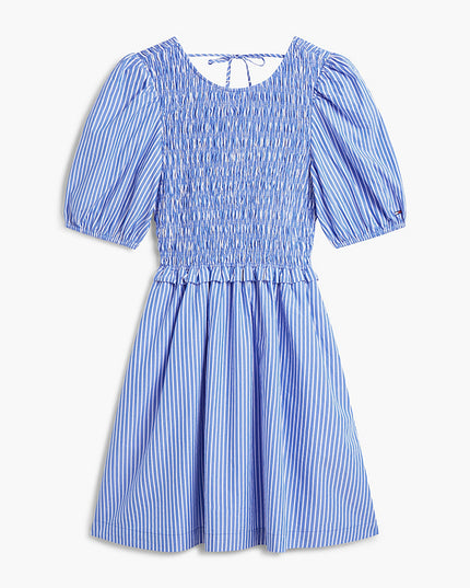 Back Tie Smock Slim Poplin Mini Dress - Blue/Stipe