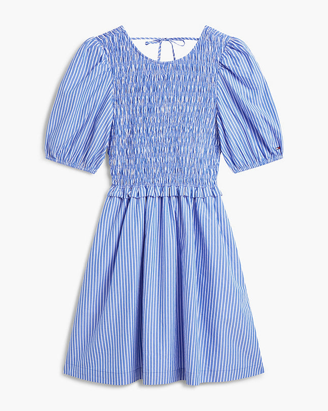 Back Tie Smock Slim Poplin Mini Dress - Blue/Stipe