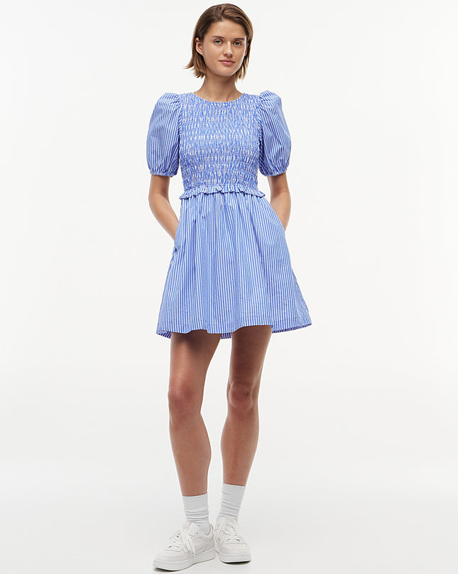 Back Tie Smock Slim Poplin Mini Dress - Blue/Stipe