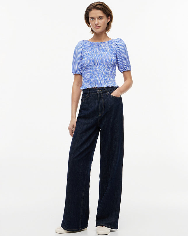 Smock Poplin Slim Short Sleeve Blouse - Noble Blue / Stripe