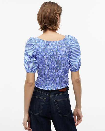 Smock Poplin Slim Short Sleeve Blouse - Noble Blue / Stripe