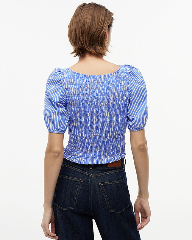 Smock Poplin Slim Short Sleeve Blouse - Noble Blue / Stripe