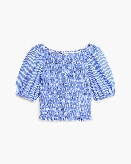 Smock Poplin Slim Short Sleeve Blouse - Noble Blue / Stripe