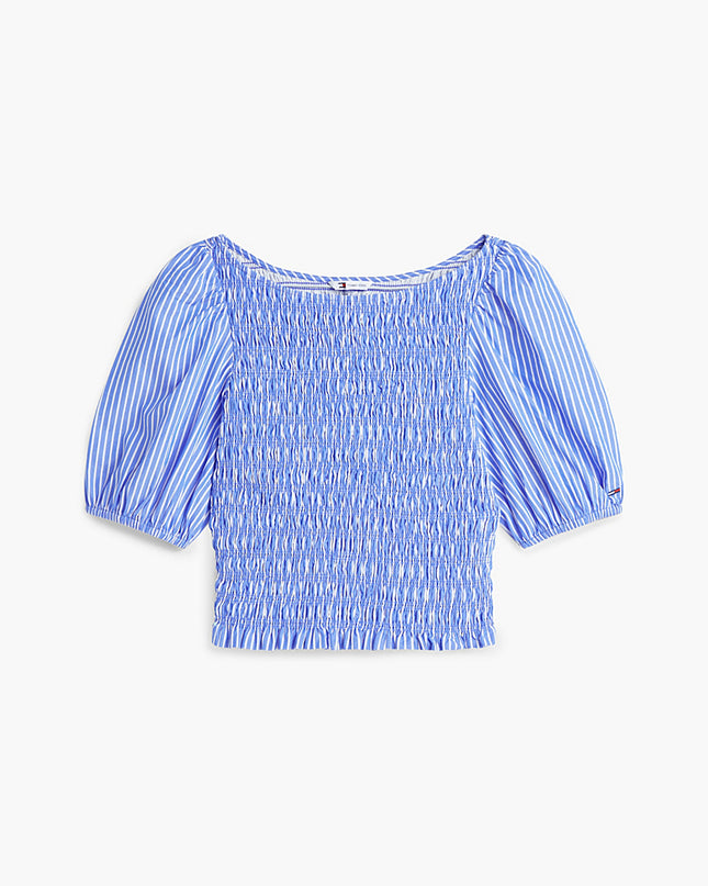 Smock Poplin Slim Short Sleeve Blouse - Noble Blue / Stripe