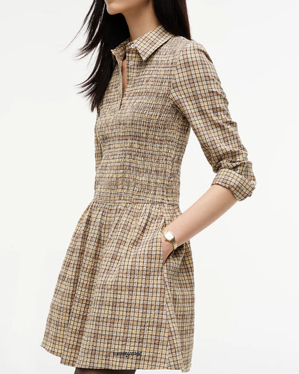 Seersucker Smock Long Sleeve Mini Dress - Beige Yellow Check
