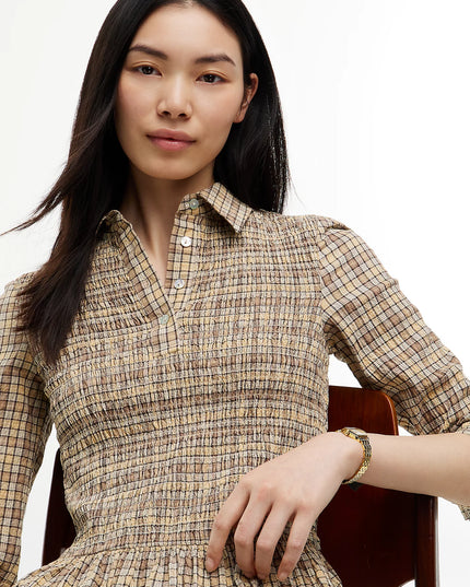 Seersucker Smock Long Sleeve Mini Dress - Beige Yellow Check