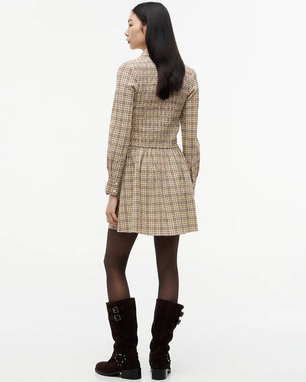 Seersucker Smock Long Sleeve Mini Dress - Beige Yellow Check
