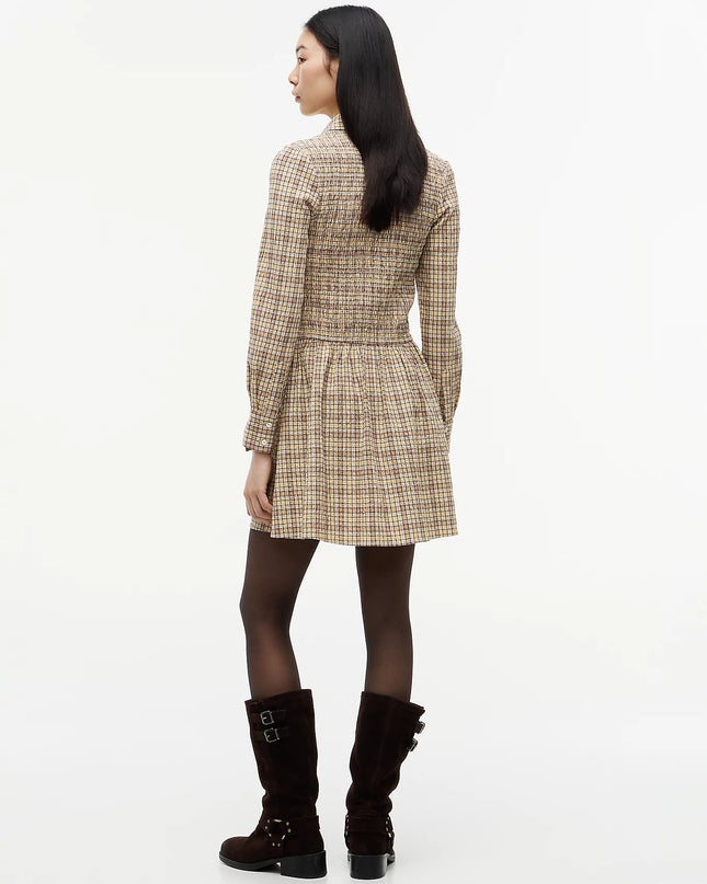 Seersucker Smock Long Sleeve Mini Dress - Beige Yellow Check