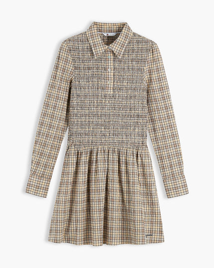 Seersucker Smock Long Sleeve Mini Dress - Beige Yellow Check