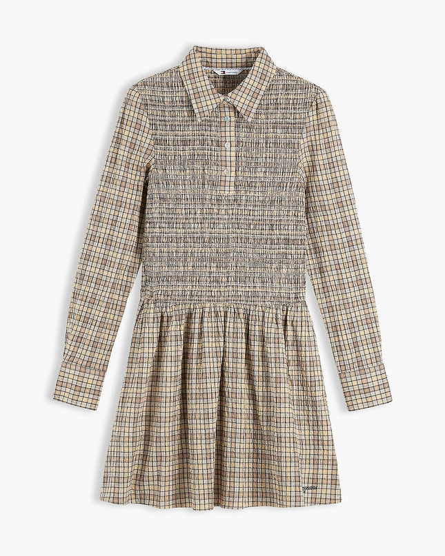 Seersucker Smock Long Sleeve Mini Dress - Beige Yellow Check