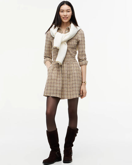 Seersucker Smock Long Sleeve Mini Dress - Beige Yellow Check