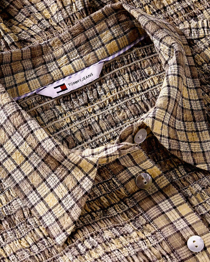 Slim Fit Smock Seersucker Shirt - Beige Yellow Check