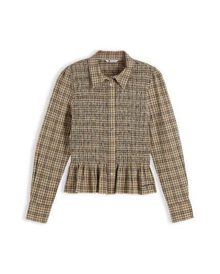 Slim Fit Smock Seersucker Shirt - Beige Yellow Check