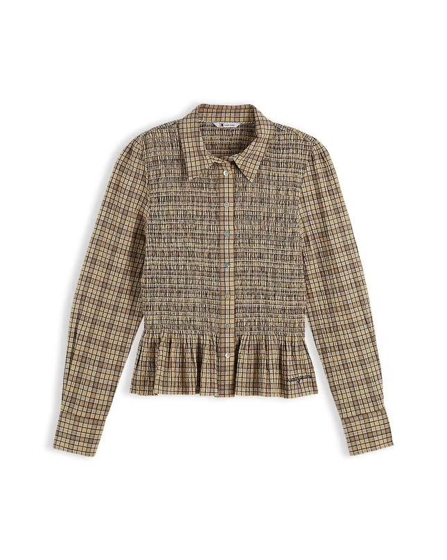 Slim Fit Smock Seersucker Shirt - Beige Yellow Check