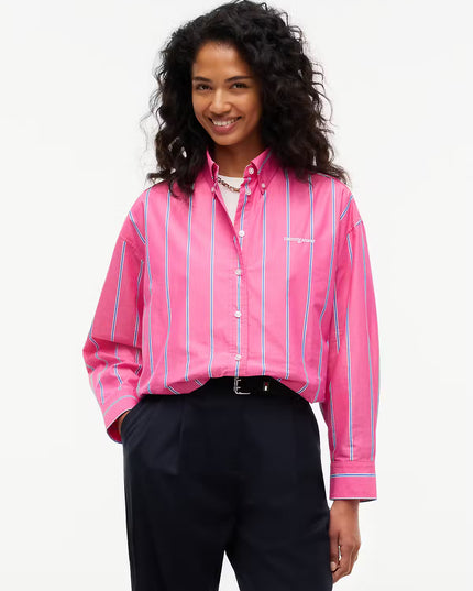 Oversized Cropped Gathered Poplin Shirt - Bright Cherise Pink Stripe