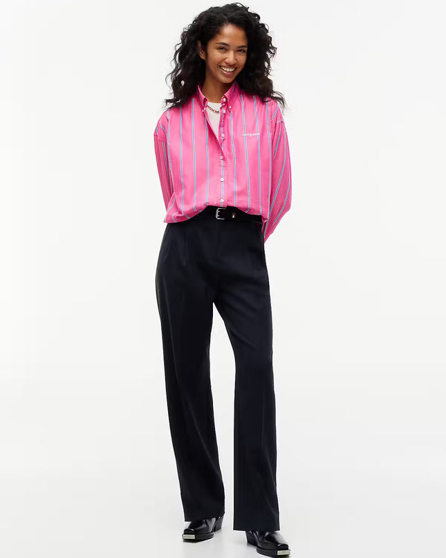 Oversized Cropped Gathered Poplin Shirt - Bright Cherise Pink Stripe