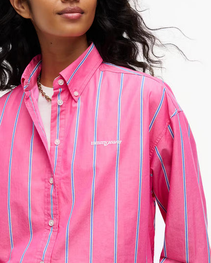 Oversized Cropped Gathered Poplin Shirt - Bright Cherise Pink Stripe