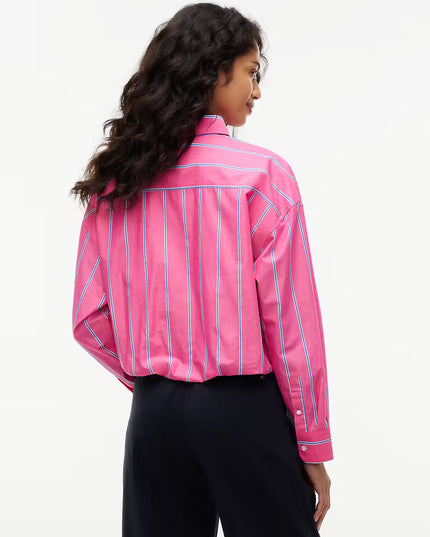 Oversized Cropped Gathered Poplin Shirt - Bright Cherise Pink Stripe