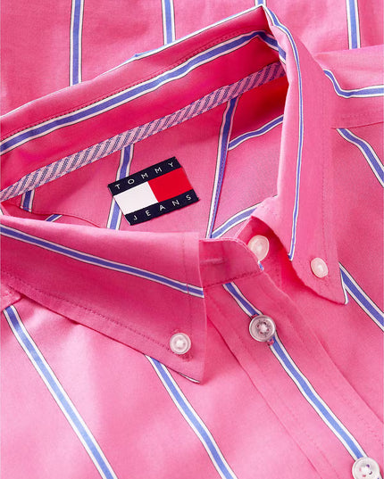 Oversized Cropped Gathered Poplin Shirt - Bright Cherise Pink Stripe